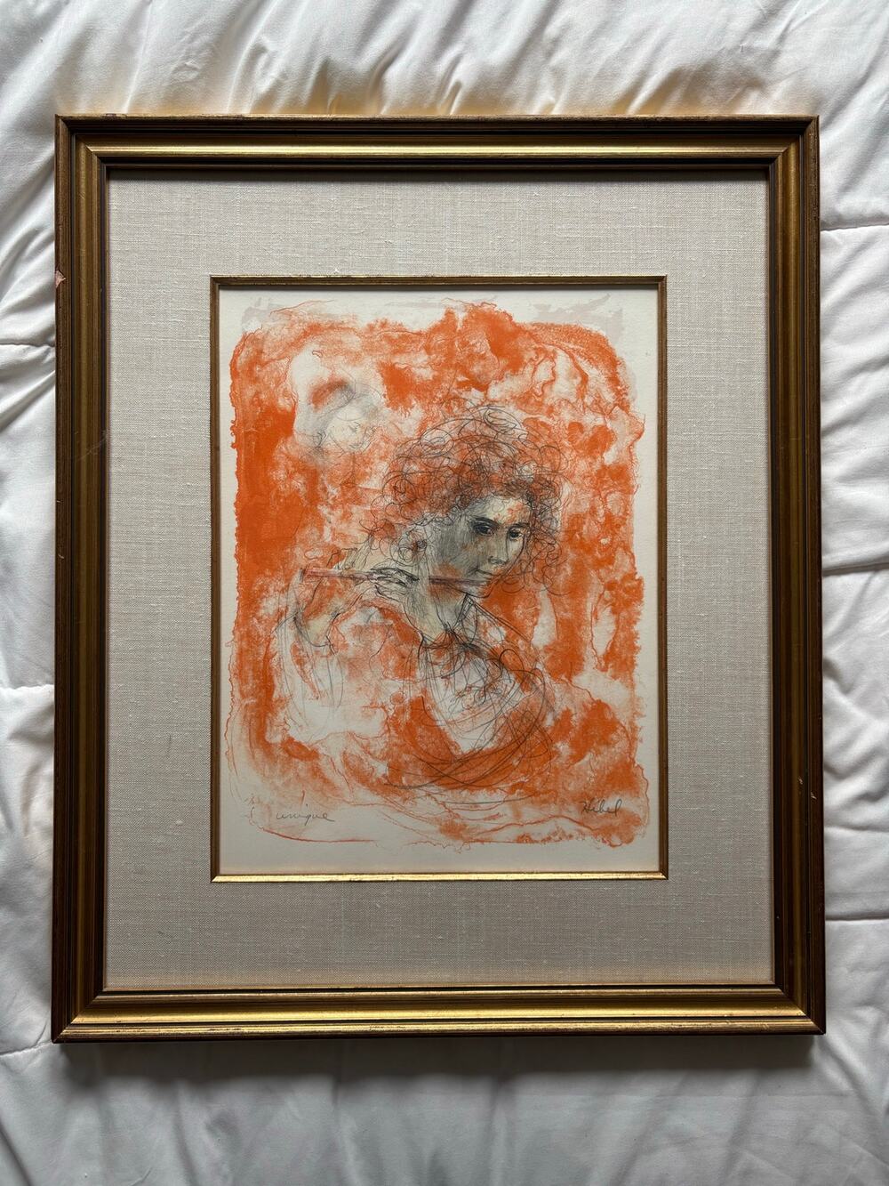Original Edna Hibel The Flute Player Lithograph Framed Matted Art Drawing